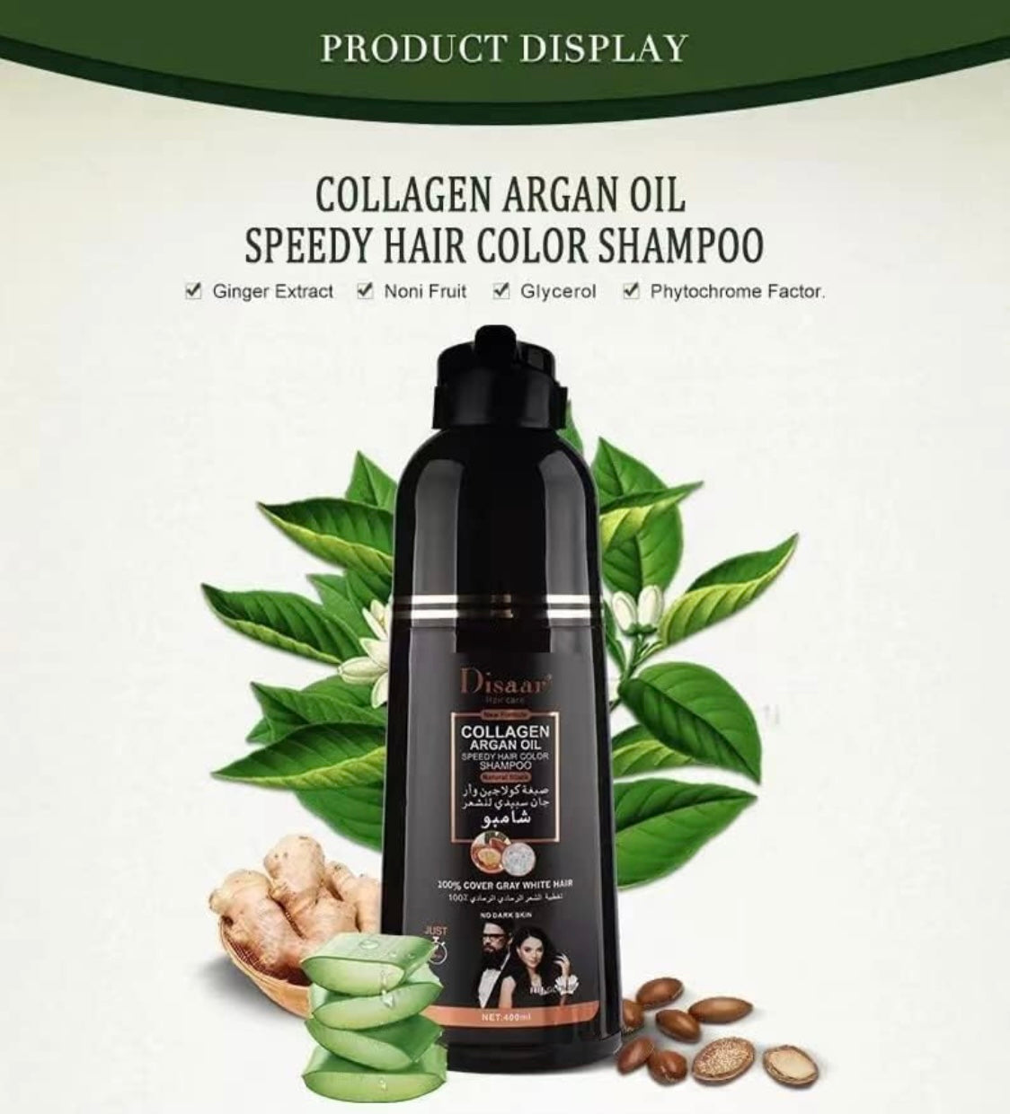 NOMBRE DEL PRODUCTO:

Disaar Champú Colorante Negro con Colágeno y Aceite de Argán 400 ml