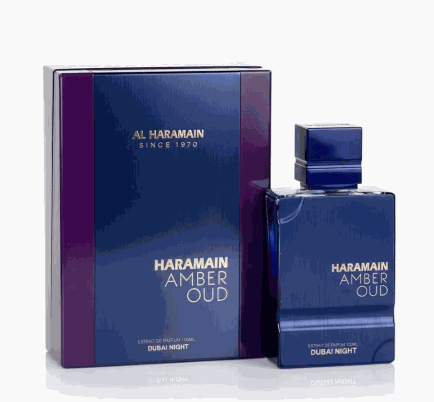 Perfume Al Haramain Amber Oud Dubai Night en frasco azul oscuro con tapón cuadrado y caja a juego, acabado elegante.