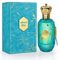 Armaf Eter Eau de Parfum en frasco turquesa con detalles dorados y tapón de corona, junto a su caja a juego.