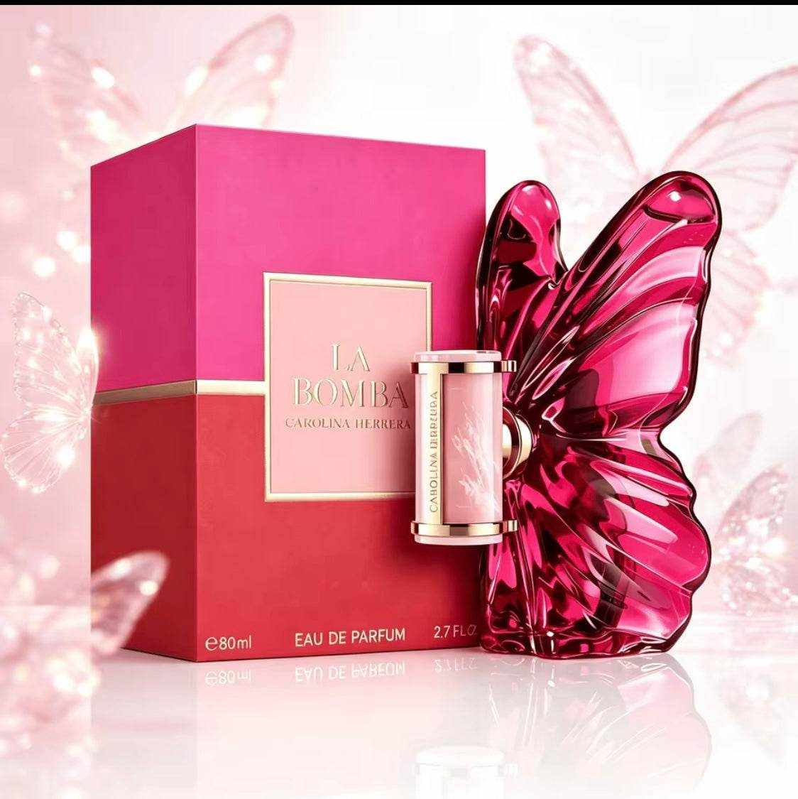 Carolina Herrera La Bomba Eau, perfume femenino en frasco de vidrio fucsia con forma de mariposa y caja rosa.