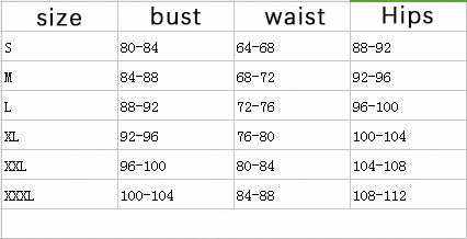 Tabla de tallas de conjunto de lencería erótica con medidas de busto, cintura y cadera en seis tallas.
