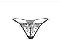 Tanga de encaje sexy negro con panel frontal transparente, delicado patrón floral y tiras laterales finas.
