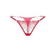 Tanga de encaje sexy roja y transparente, con panel frontal de encaje floral y tiras finas en la cintura.