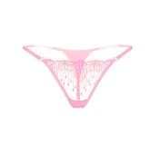 Tanga de encaje sexy rosa claro, translúcida y delicada, con paneles de encaje floral y tiras finas ajustables.