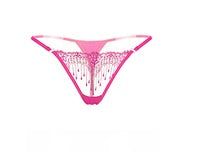 Tanga de encaje sexy rosa intenso, con paneles de encaje floral translúcido y diseño de tiras finas ajustables.