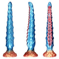 Estimulador Íntimo Extralargo azul y rosa, de silicona brillante, con relieve texturizado y base ancha.