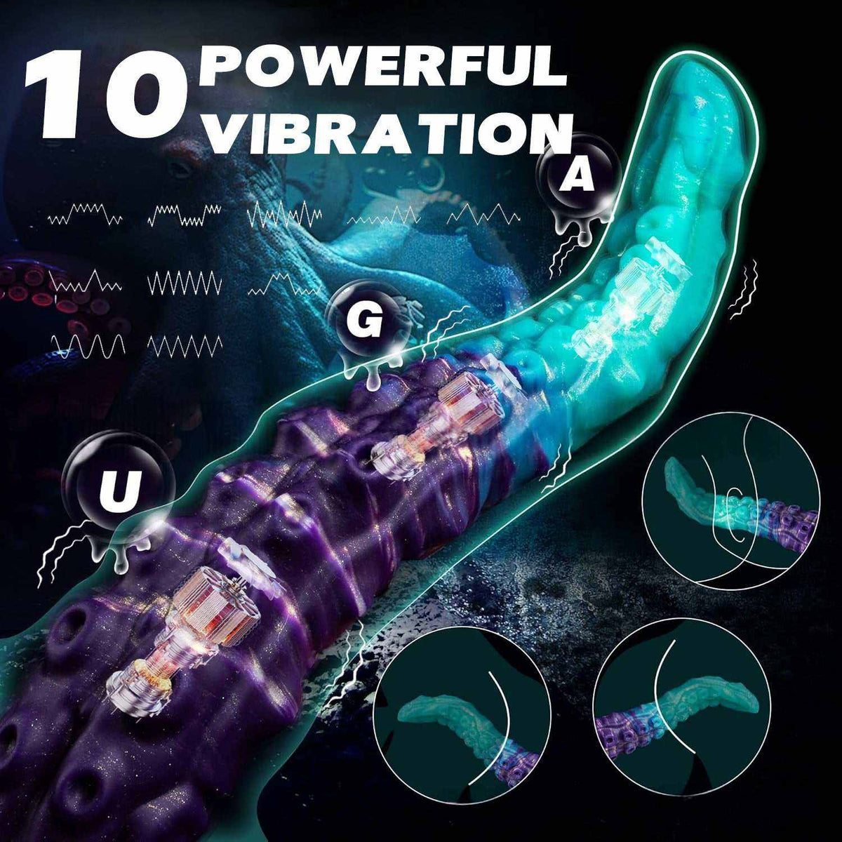 Estimulador Íntimo Extralargo vibratorio de silicona, con cuerpo morado texturizado y punta curva turquesa translúcida.