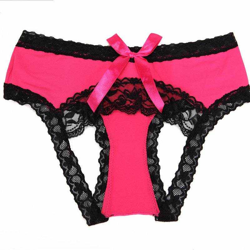 Braga europeo y americano fucsia de poliéster, con encaje negro, lazos y panel delantero calado.