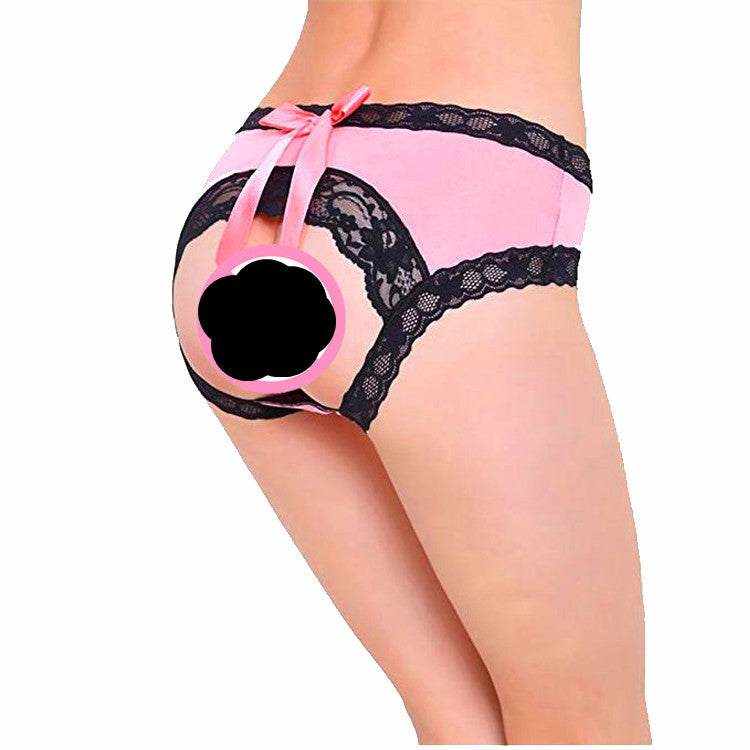 Braga europeo y americano rosa de tejido liso con encaje negro, lazos decorativos y abertura trasera circular.
