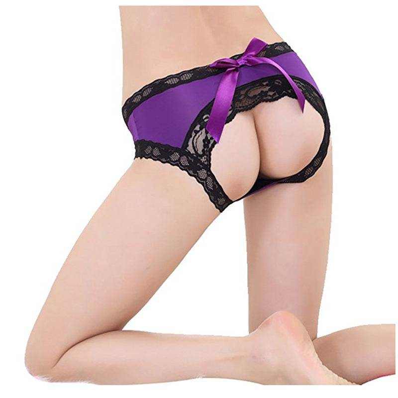 Bragas europeo y americano moradas de tejido sintético, con encaje negro, abertura trasera y un lazo satinado.