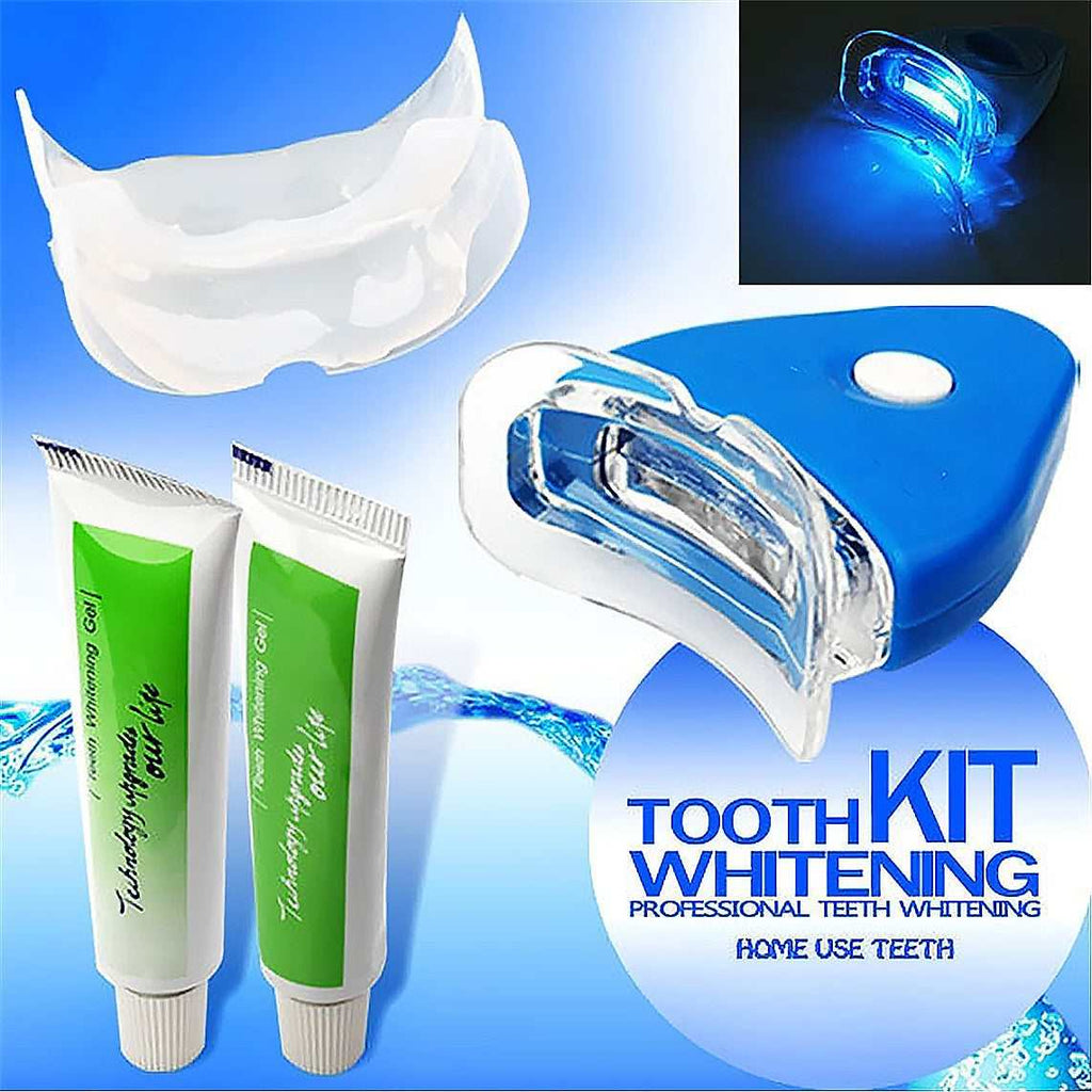 Gel blanqueador dental con dos tubos verdes, férula transparente y dispositivo azul de luz LED para blanqueamiento