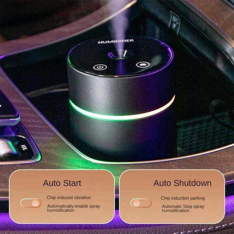 humidificador portátil para coche cilíndrico negro con acabado metálico, controles táctiles y anillo luminoso verde y blanco