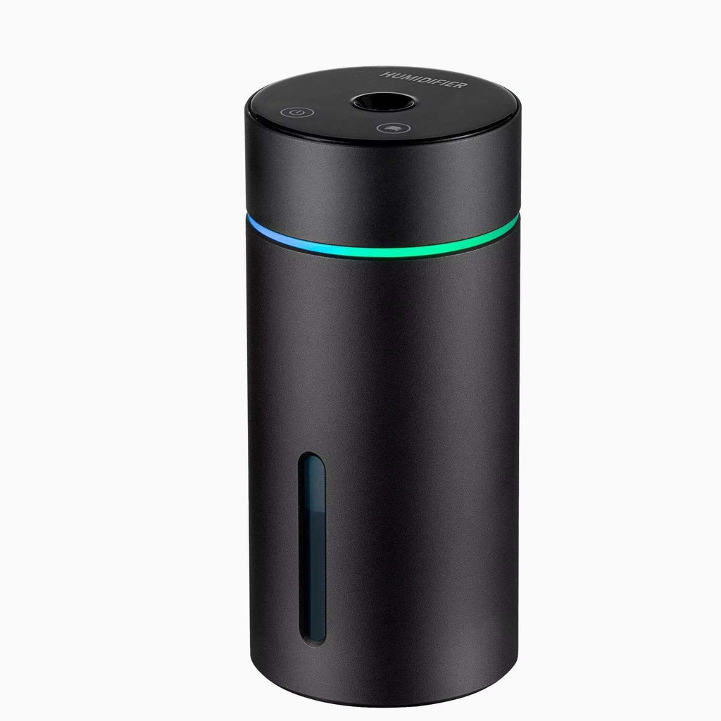 Humidificador portátil para coche negro y cilíndrico, con cuerpo metálico, ventana de nivel de agua y aro luminoso azul y verde.