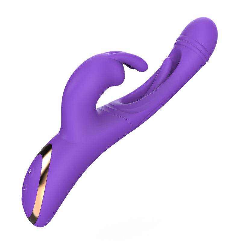 Juguete para Mujer morado de doble cabezal, con cuerpo ergonómico de silicona lisa y detalles dorados en la base.