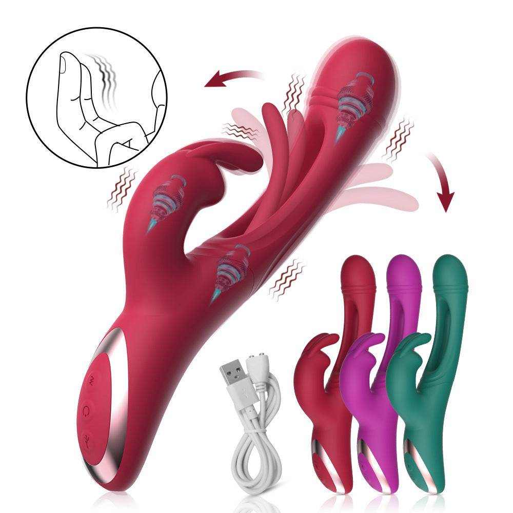 Juguete para Mujer de color rojo fucsia y acabado liso, con forma de pájaro, doble cabezal curvo y cable USB.