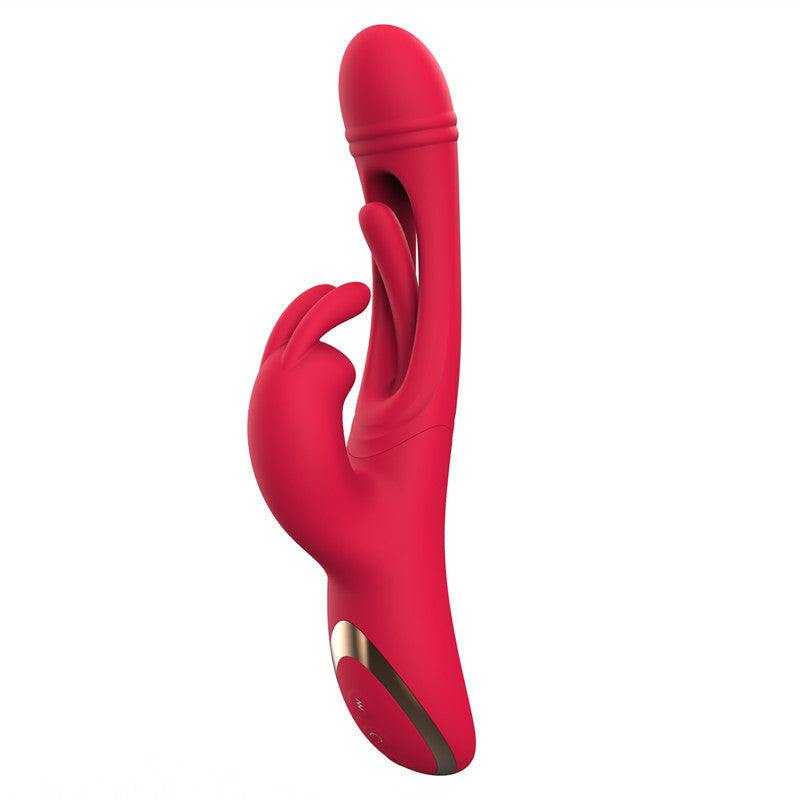 Juguete para Mujer rojo de silicona lisa, con doble cabezal curvo y una base ergonómica con panel oscuro.