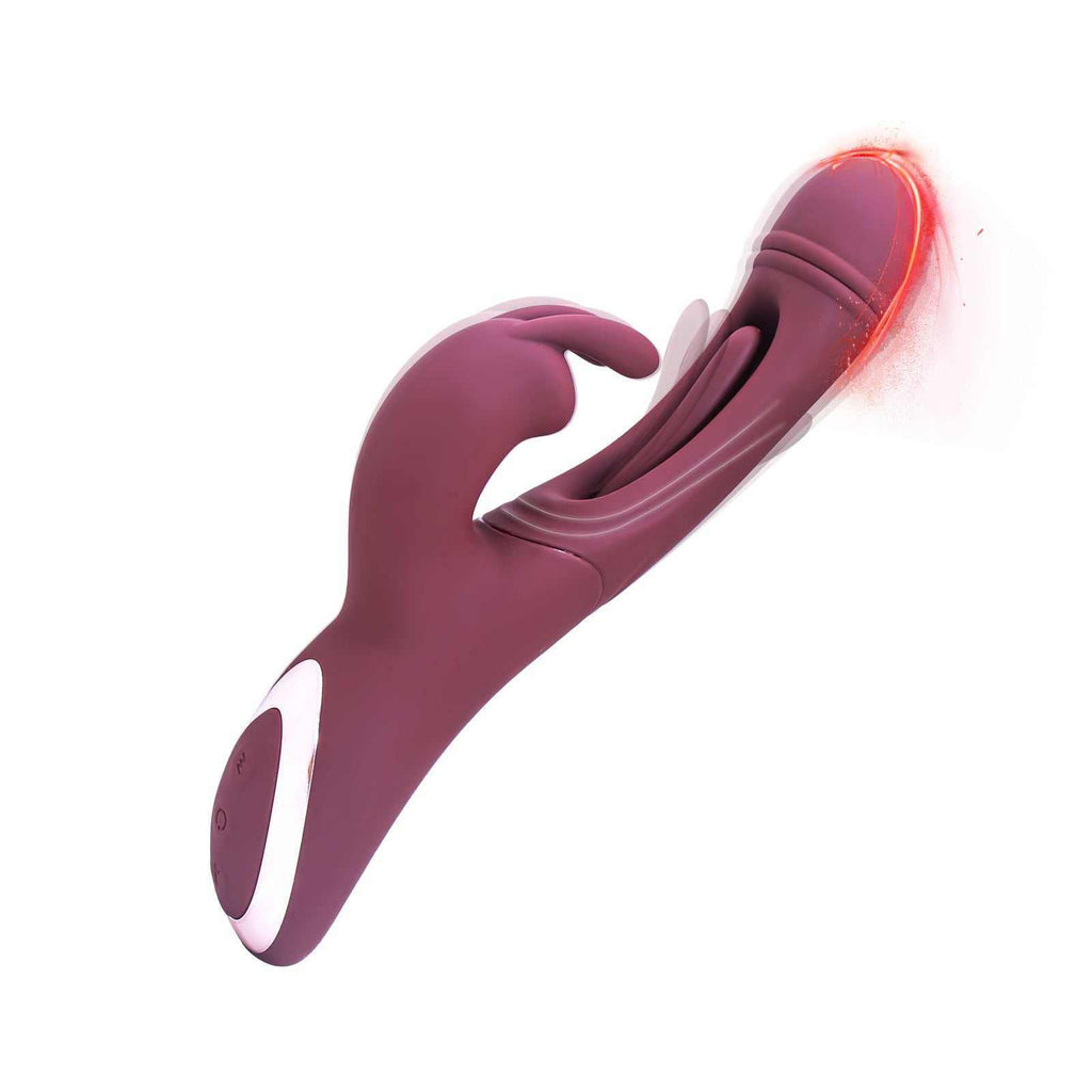 Juguete para Mujer de silicona morada, con diseño curvo de doble cabezal y panel de controles integrado.