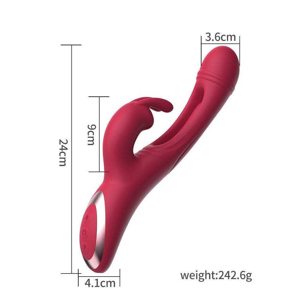 Juguete para Mujer de silicona rosa intenso, con doble cabezal curvo, botones laterales y diseño ergonómico.