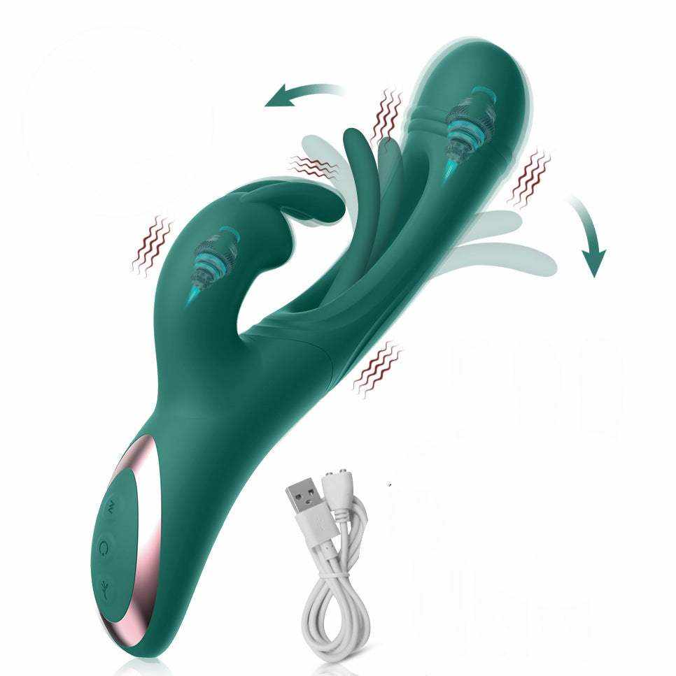 Juguete para Mujer de silicona verde oscuro, con doble cabezal curvo, detalles rosados y cable de carga USB.