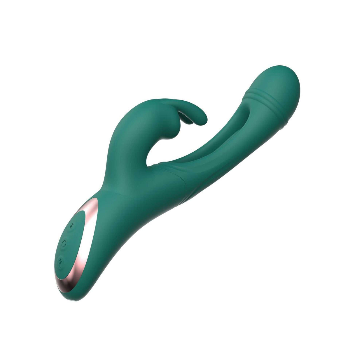 Juguete para Mujer verde oscuro, de silicona suave y diseño ergonómico con doble cabezal curvo y controles integrados.