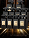 Perfume Lastar Paris con frascos negros rectangulares, tapón geométrico y etiqueta dorada de For One Night.