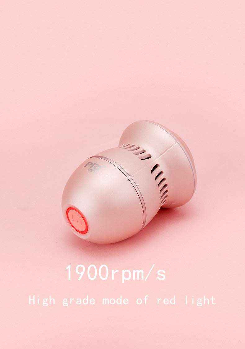 lima eléctrica para pies de color rosa claro, con diseño redondeado, botón circular rojo y ranuras de ventilación.