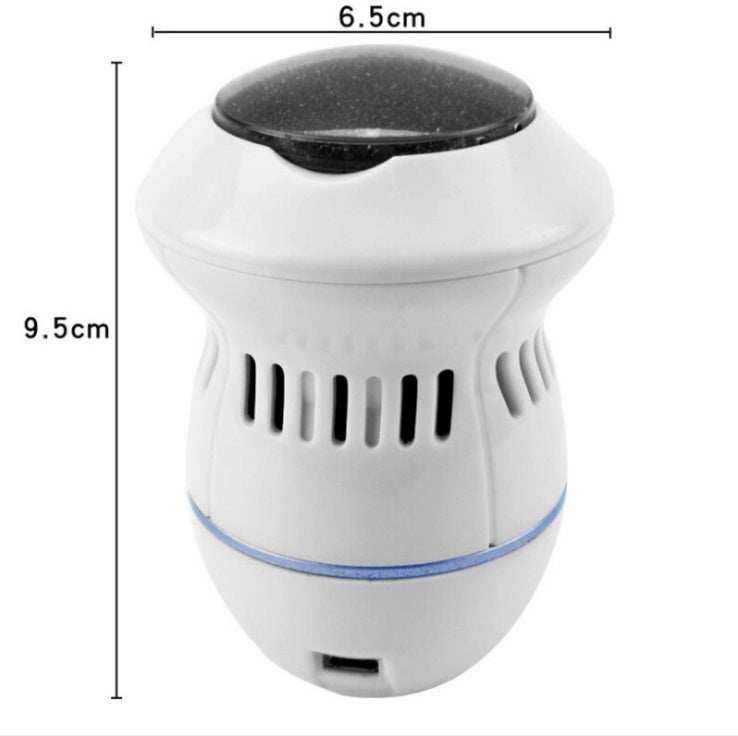 Lima eléctrica para pies blanca, de plástico, con cabezal abrasivo negro, ranuras de ventilación y detalle azul.
