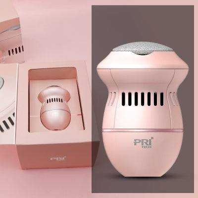 Lima eléctrica para pies rosa con carcasa redondeada, ranuras de ventilación y cabezal abrasivo superior para alisar durezas.