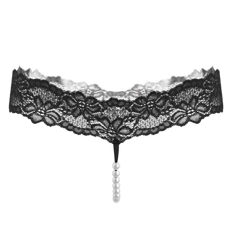 Braga tanga Pure Color Sexy de encaje negro transparente, con diseño floral y una hilera de perlas colgantes