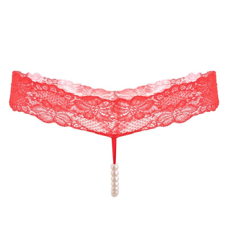 Tanga de encaje rojo Pure Color Sexy con diseño de tiras y una hilera de perlas colgantes en el centro.