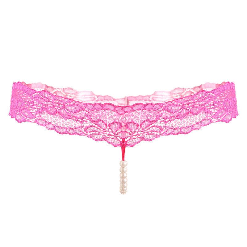 Tanga de encaje Pure Color Sexy en rosa brillante, con diseño floral transparente y una hilera de perlas colgantes.