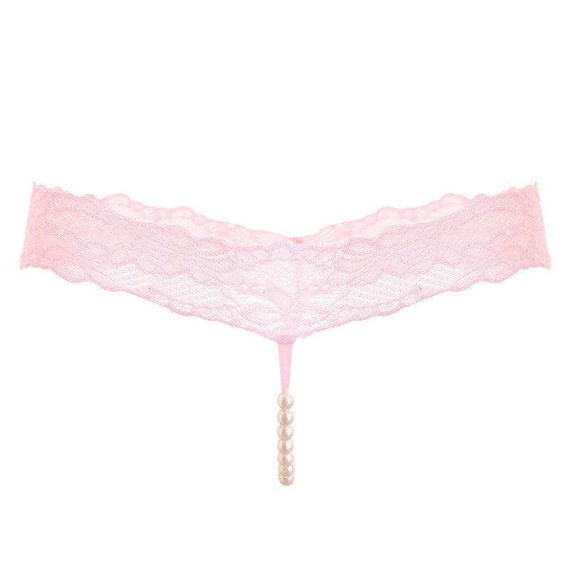 Tanga Pure Color Sexy rosa claro de encaje floral, con una tira frontal decorada con una hilera de perlas.