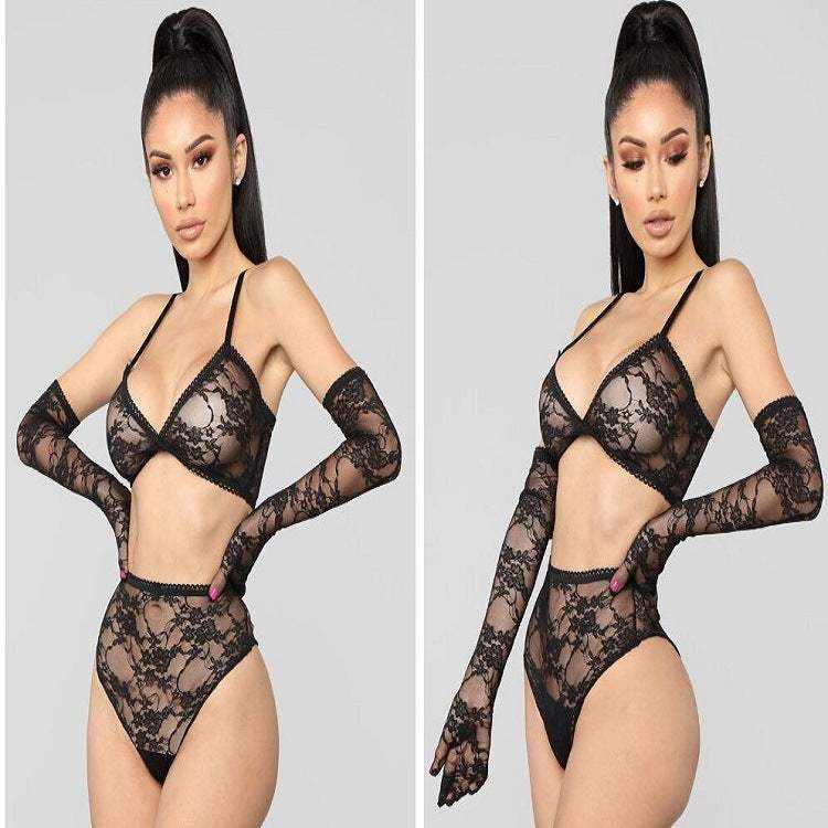 Ropa Íntima Sensual de encaje negro floral, con sujetador de tirantes finos, braguita de talle alto y guantes largos