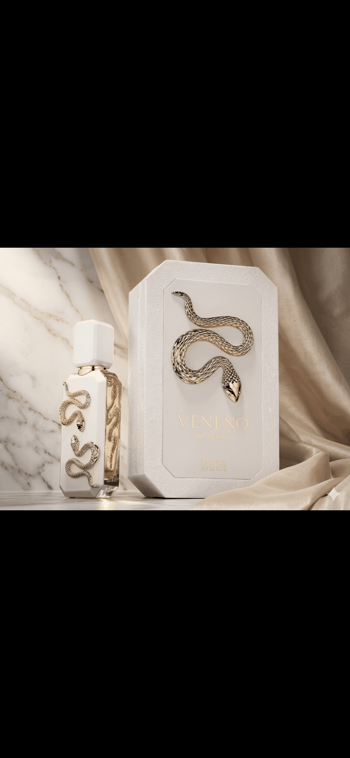 Veneno Blanco Eau de Parfum en frasco transparente con tapón blanco y caja marfil decorada con una serpiente dorada.