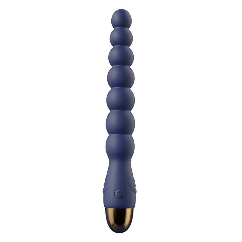 Vibrador de perlas Anales azul oscuro, de silicona, con siete cuentas redondeadas y base ergonómica con botón