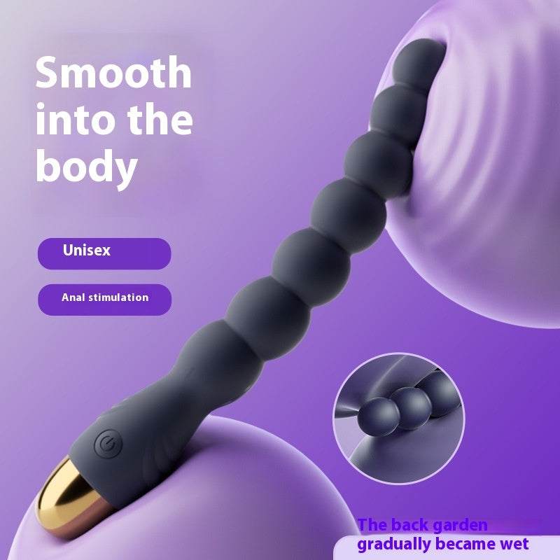 Vibrador de perlas Anales negro de silicona, con cuentas redondeadas articuladas y una base con detalle dorado.