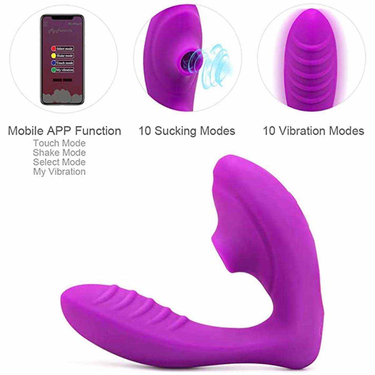 Vibrador de Succión Recargable morado, de silicona y ABS, con diseño curvo, relieves y modos de vibración y succión.