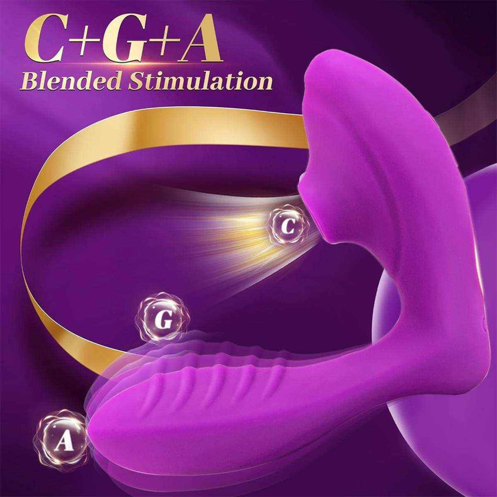 Vibrador de Succión Recargable morado de silicona, con diseño curvo y zonas texturizadas para estimulación combinada.