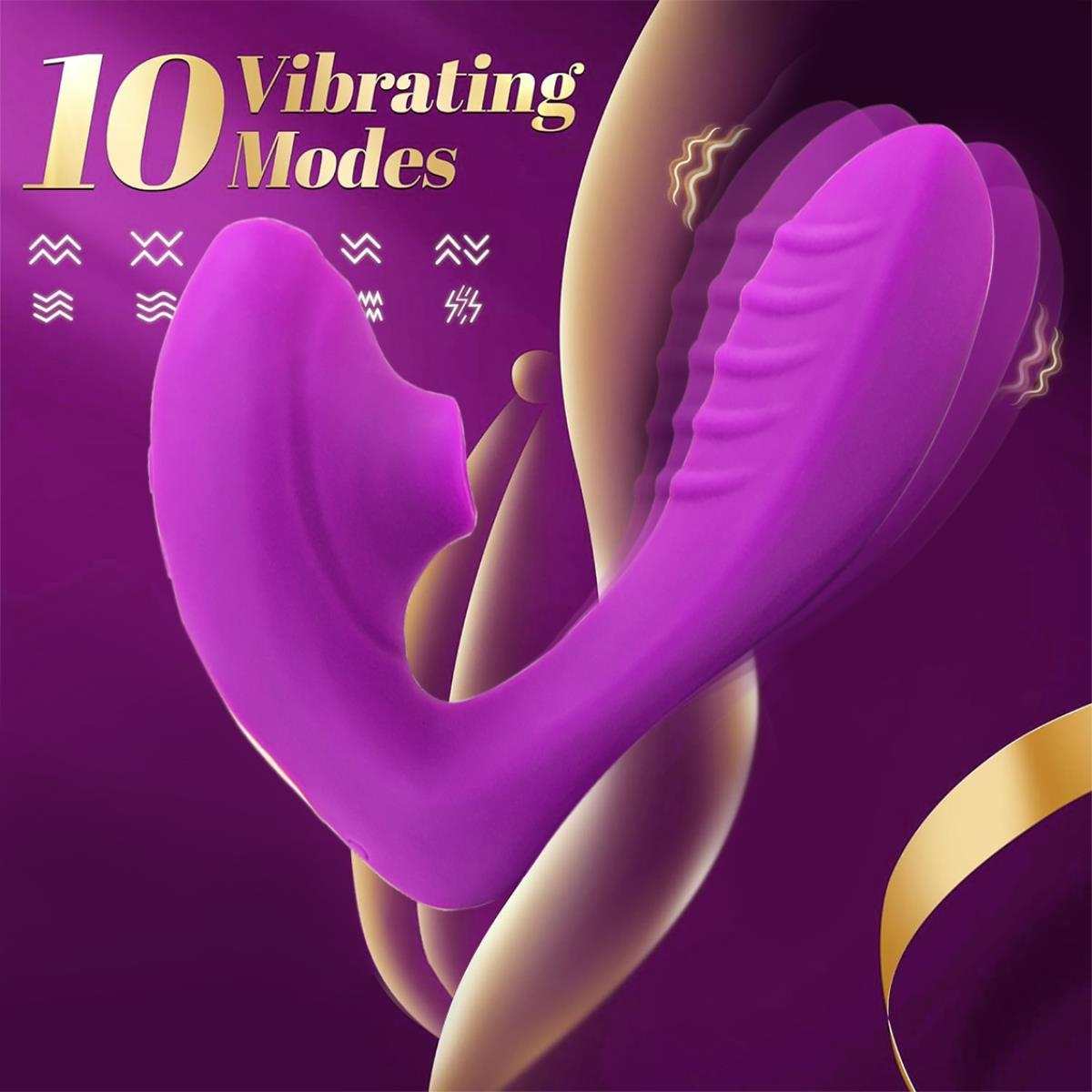 Vibrador de Succión Recargable morado de silicona, con dos extremos curvos y relieves; ofrece 10 modos de vibración.