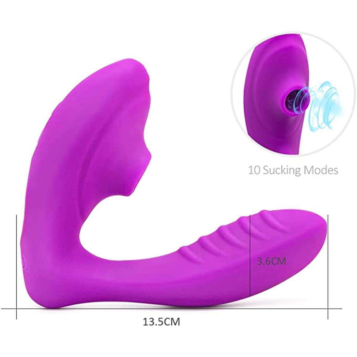 Vibrador de Succión Recargable morado de silicona, con diseño curvo, superficie texturizada y diez modos de succión.