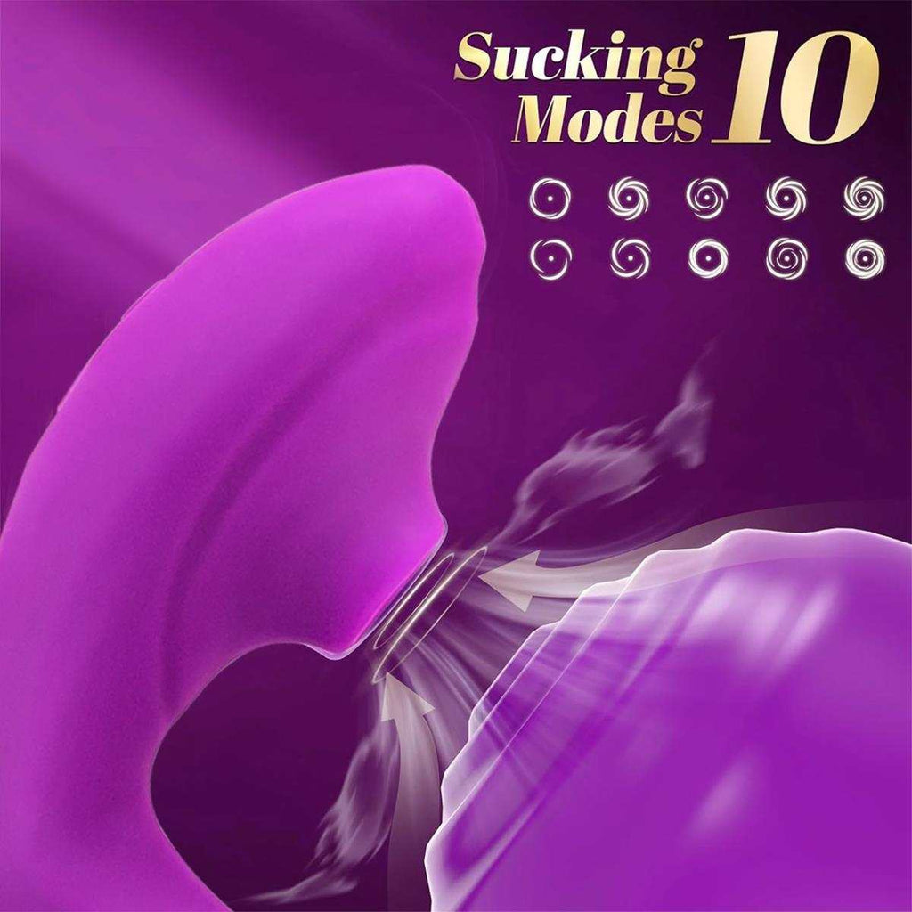 Vibrador de Succión Recargable morado de silicona, con diseño curvo y diez modos de succión ilustrados.