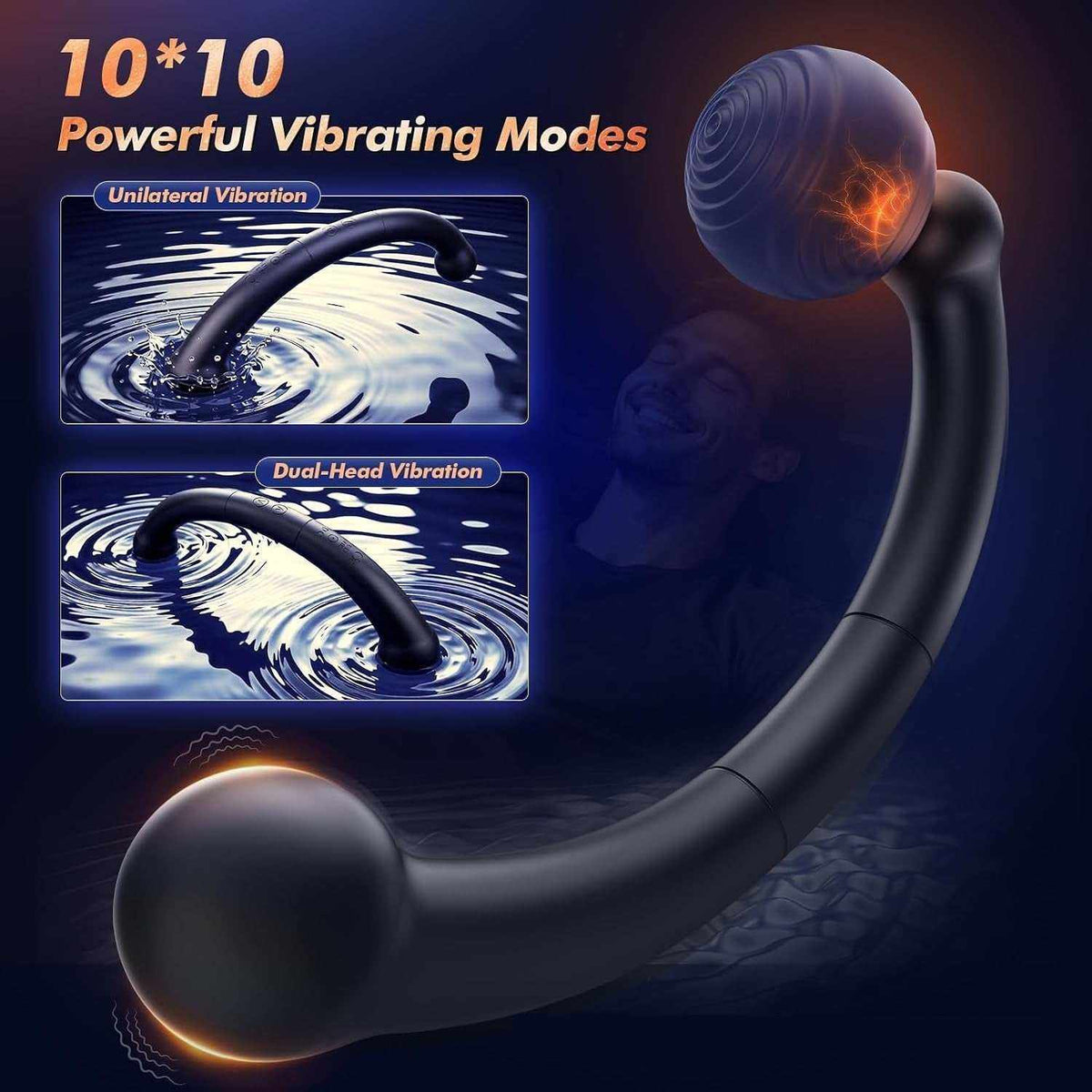 Vibrador Íntimo de Silicona negro, alargado y curvo, con dos extremos esféricos y cabezal texturizado.