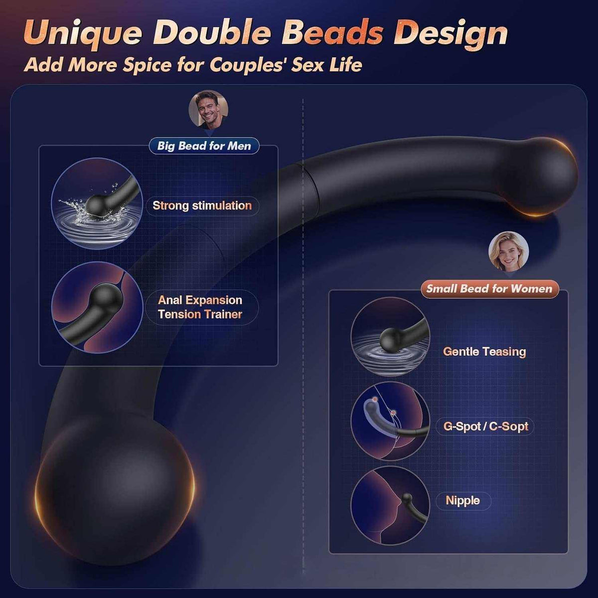 Vibrador Íntimo de Silicona negro, curvado y con doble extremo redondeado de distinto tamaño, para estimulación íntima.