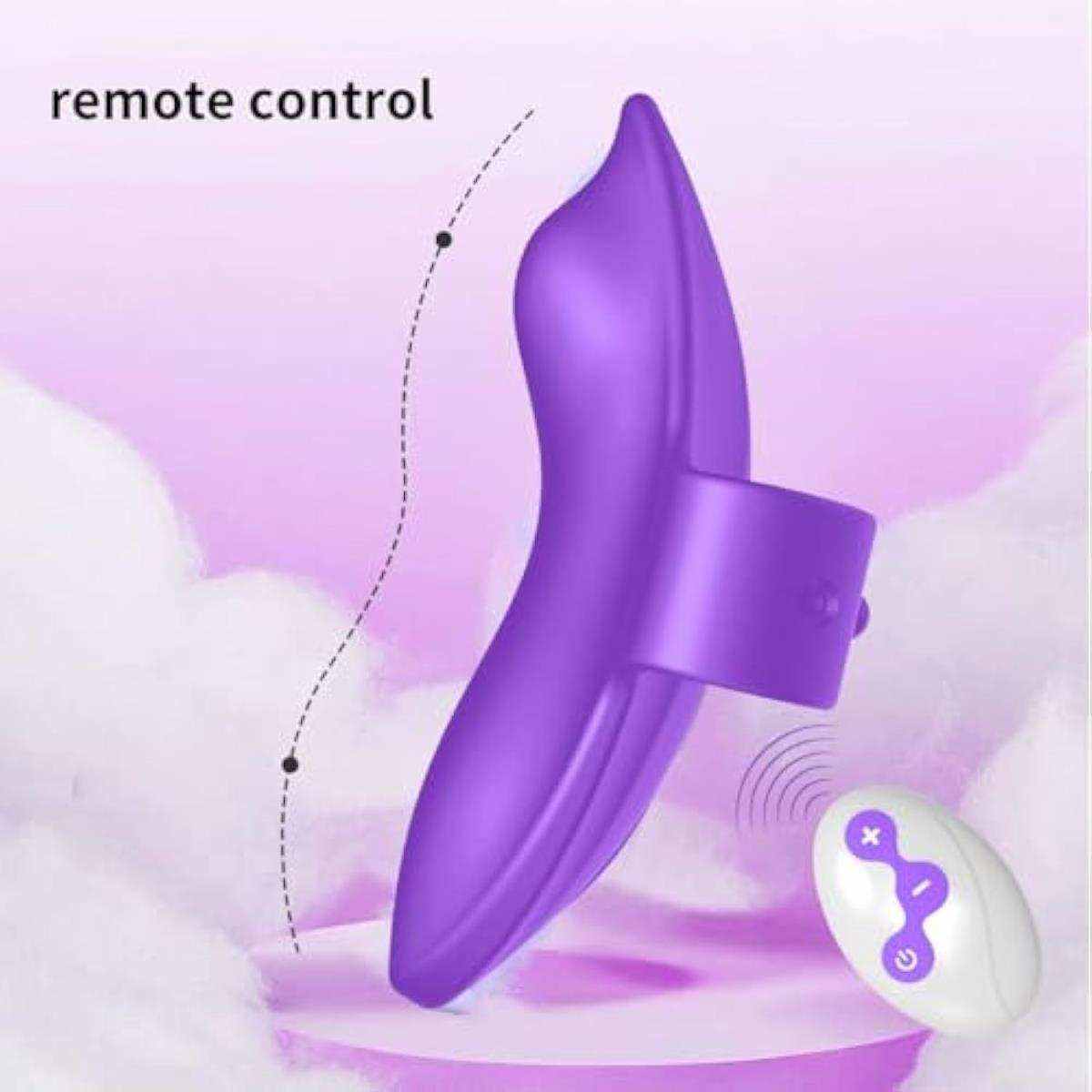 Vibrador Mariposa para Mujer de color morado, con forma alada y banda ajustable; incluye control remoto inalámbrico.