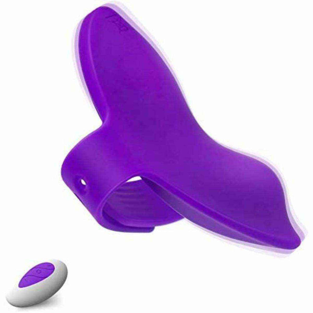 Vibrador Mariposa para Mujer de silicona morada, con diseño curvo y compacto y control remoto ovalado blanco con botones morados.