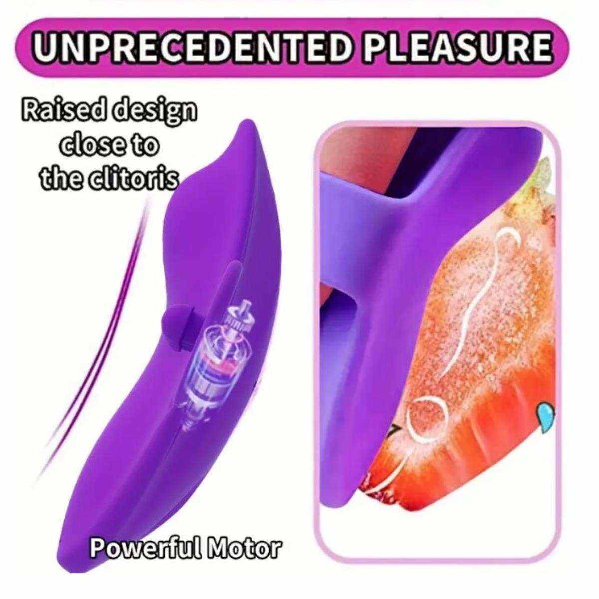 Vibrador Mariposa para Mujer en silicona morada, con diseño alargado de superficie elevada y motor potente para estimular el clítoris.