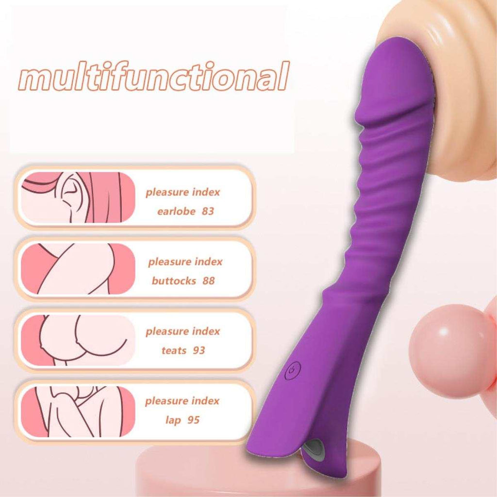 Vibrador para Mujer morado de material flexible, con cuerpo estriado y diseño curvo multifuncional para estimulación íntima.
