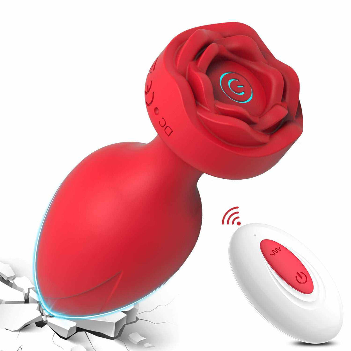 Vibrador para Mujer rojo de silicona, con cuerpo curvo, cabezal floral y mando a distancia blanco con botones