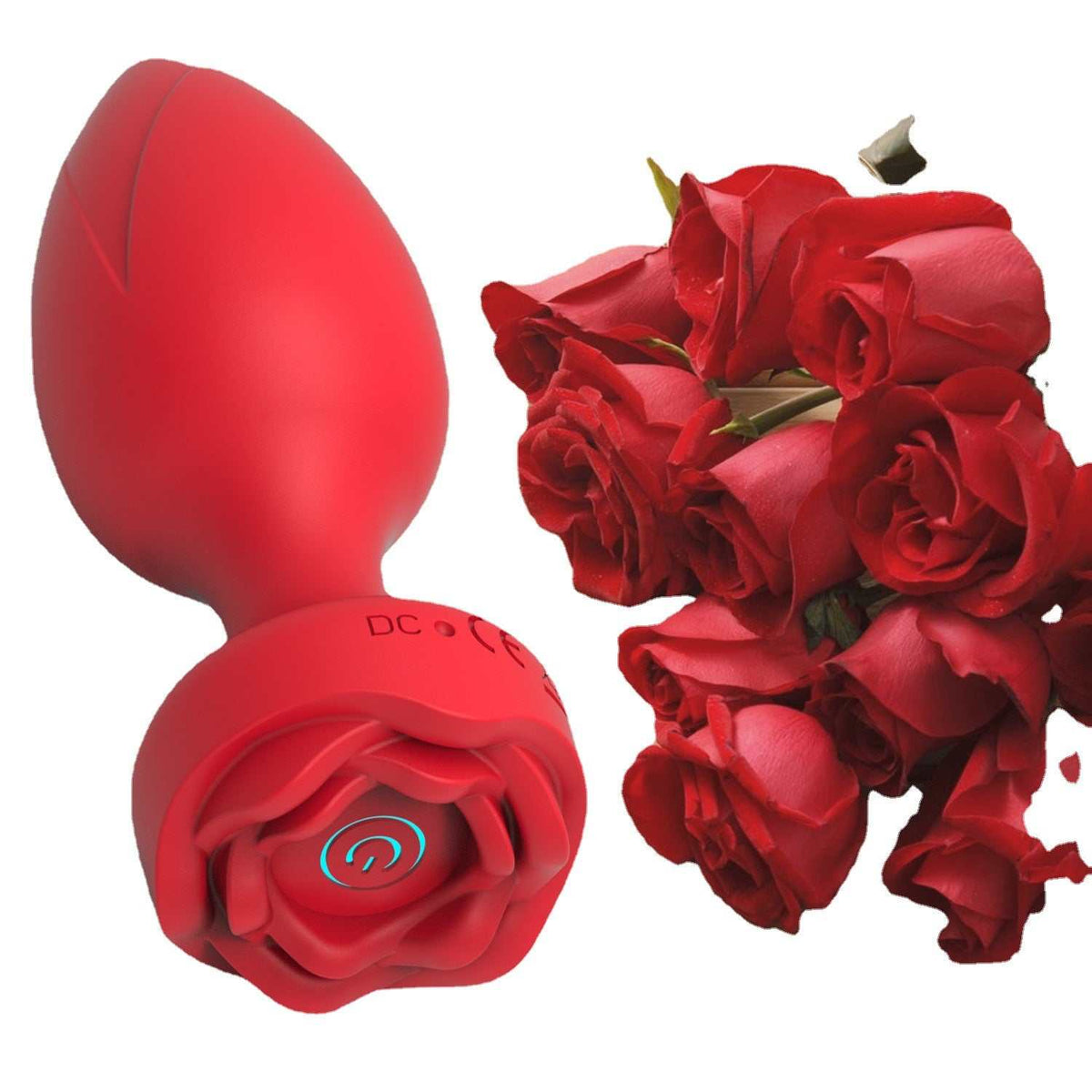 Vibrador para Mujer tipo tapón de silicona roja, con extremo en forma de rosa y botón de control visible