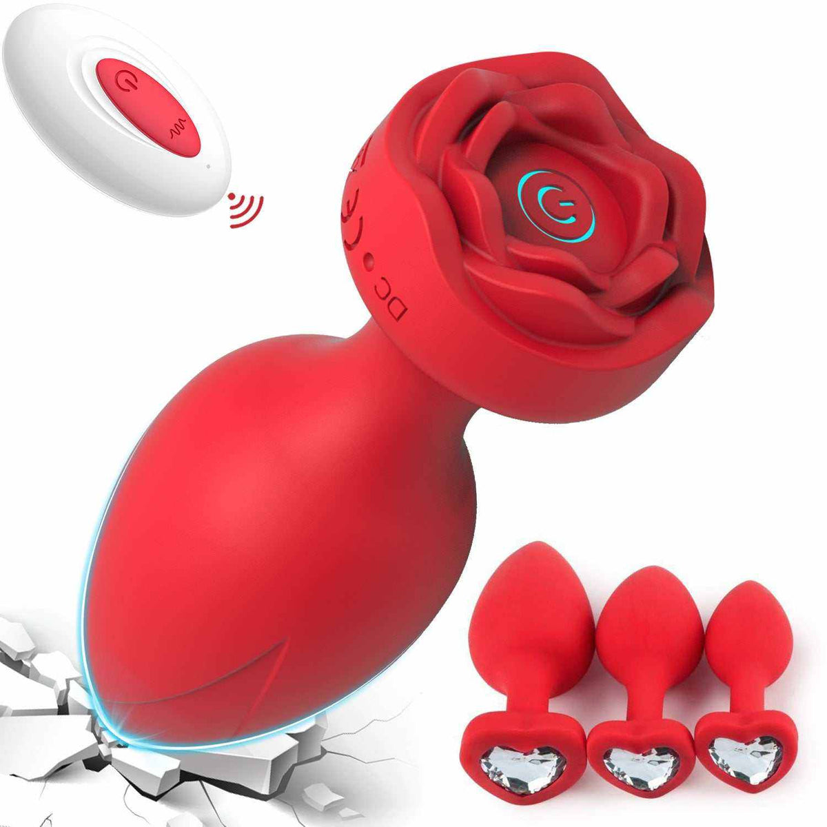 Vibrador para Mujer de silicona roja con mando blanco y tres accesorios pequeños con detalles de corazón plateado.